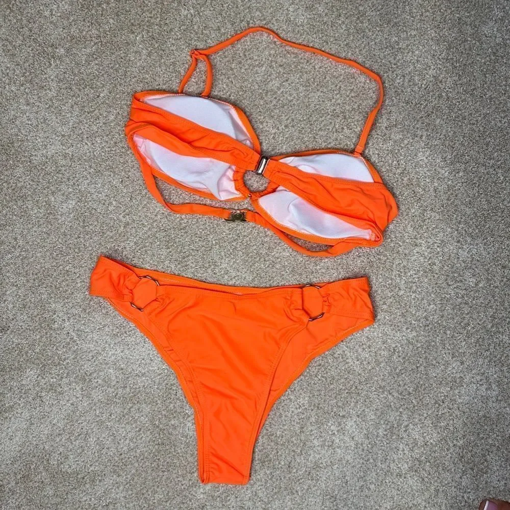 O-Ring Ruched Halter Bikini Set Orange